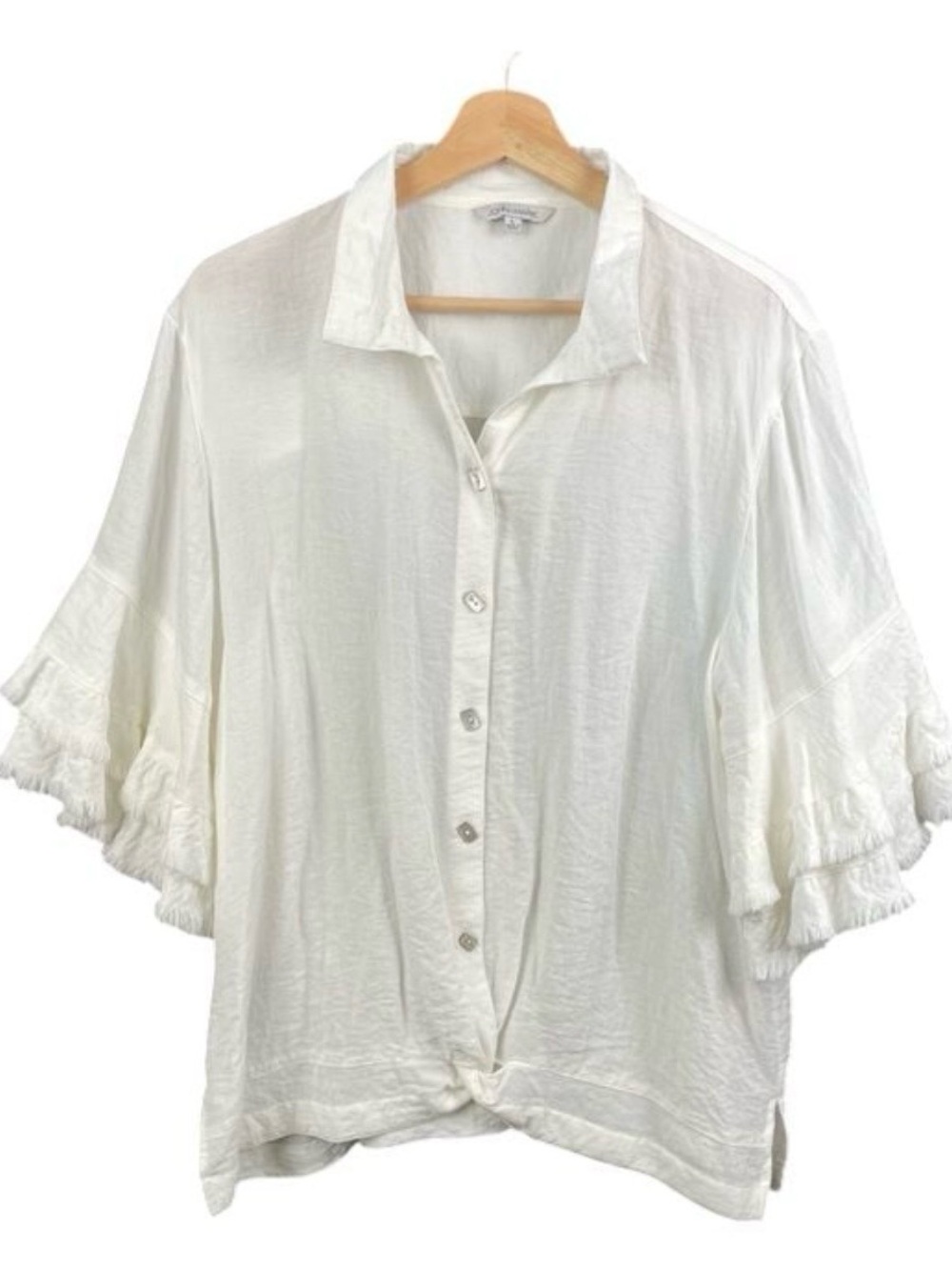 John Mark L Ivory Crinkle Ruffled Bell Sleeve Button Front Blouse Boho Coastal